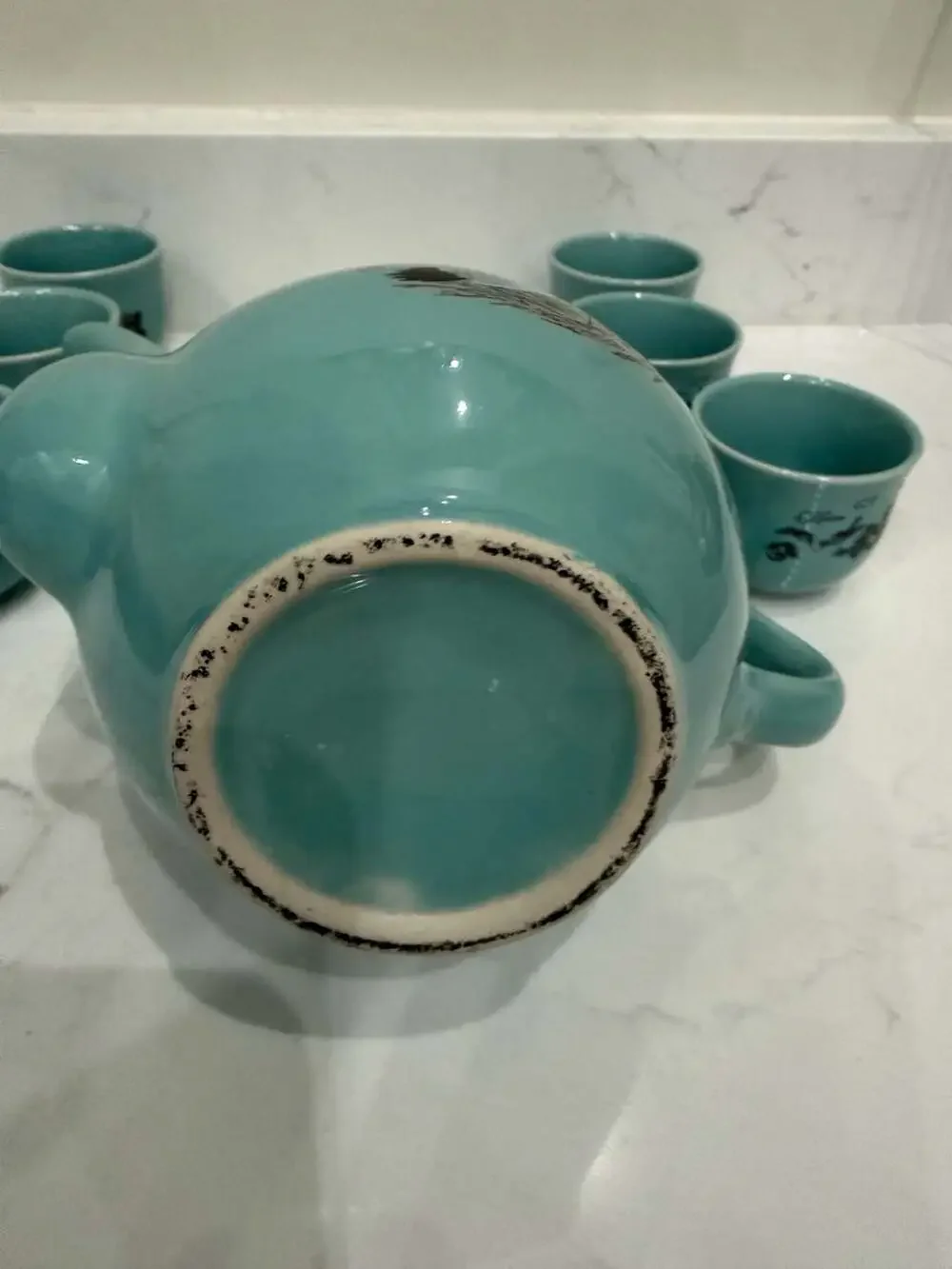 Vintage Asian Celadon Green Ceramic Teapot and 6 Cups Set with Red-Crowned Crane